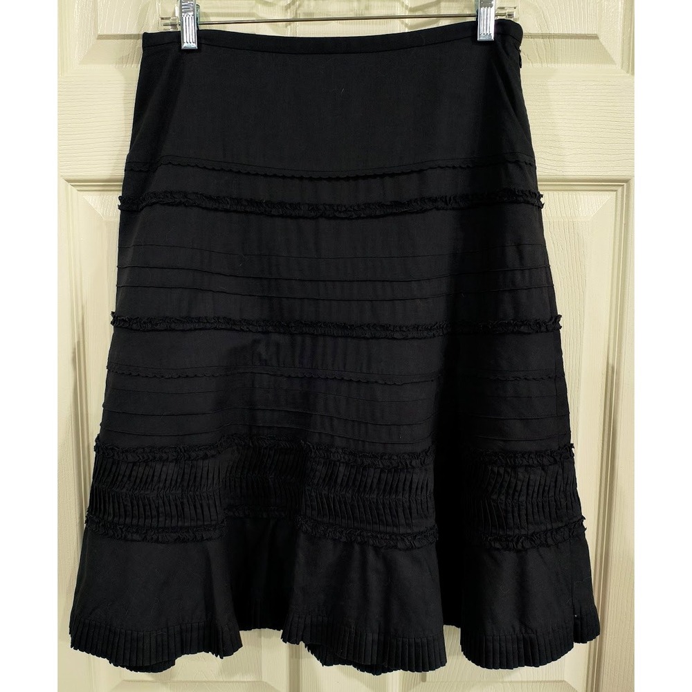 Etcetera Black Cotton Tiered Ruffle‎ Pintuck Pleated Lined A-Line Skirt Size 6